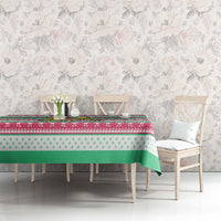 Merry Chickmas Christmas Tablecloth with Yellow Cartoon Birds in Santa Hats and Red Green Snowflake Pattern - Wonder Print Shop