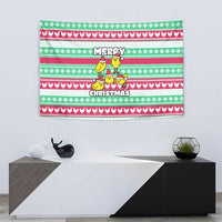 Merry Chickmas Christmas Tapestry with Yellow Cartoon Birds in Santa Hats and Red Green Snowflake Pattern - Wonder Print Shop