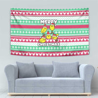 Merry Chickmas Christmas Tapestry with Yellow Cartoon Birds in Santa Hats and Red Green Snowflake Pattern - Wonder Print Shop