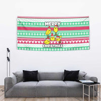 Merry Chickmas Christmas Tapestry with Yellow Cartoon Birds in Santa Hats and Red Green Snowflake Pattern - Wonder Print Shop