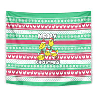 Merry Chickmas Christmas Tapestry with Yellow Cartoon Birds in Santa Hats and Red Green Snowflake Pattern - Wonder Print Shop