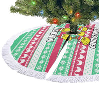 Merry Chickmas Christmas Tree Skirt with Yellow Cartoon Birds in Santa Hats and Red Green Snowflake Pattern - Wonder Print Shop