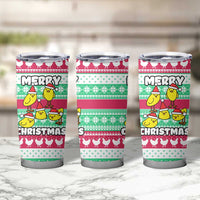 Merry Chickmas Christmas Tumbler Cup with Yellow Cartoon Birds in Santa Hats and Red Green Snowflake Pattern - Wonder Print Shop