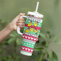 Merry Chickmas Christmas Tumbler With Handle with Yellow Cartoon Birds in Santa Hats and Red Green Snowflake Pattern - Wonder Print Shop