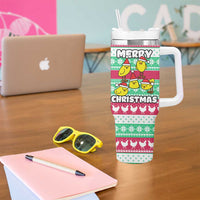 Merry Chickmas Christmas Tumbler With Handle with Yellow Cartoon Birds in Santa Hats and Red Green Snowflake Pattern - Wonder Print Shop