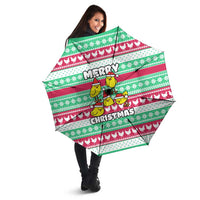 Merry Chickmas Christmas Umbrella with Yellow Cartoon Birds in Santa Hats and Red Green Snowflake Pattern - Wonder Print Shop