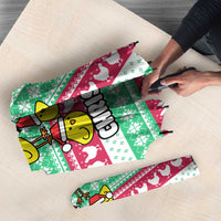 Merry Chickmas Christmas Umbrella with Yellow Cartoon Birds in Santa Hats and Red Green Snowflake Pattern - Wonder Print Shop