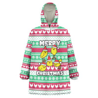 Merry Chickmas Christmas Wearable Blanket Hoodie with Yellow Cartoon Birds in Santa Hats and Red Green Snowflake Pattern - Wonder Print Shop
