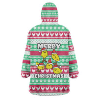 Merry Chickmas Christmas Wearable Blanket Hoodie with Yellow Cartoon Birds in Santa Hats and Red Green Snowflake Pattern - Wonder Print Shop