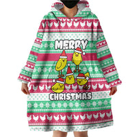 Merry Chickmas Christmas Wearable Blanket Hoodie with Yellow Cartoon Birds in Santa Hats and Red Green Snowflake Pattern - Wonder Print Shop