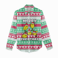 Merry Chickmas Christmas Women Casual Shirt with Yellow Cartoon Birds in Santa Hats and Red Green Snowflake Pattern - Wonder Print Shop
