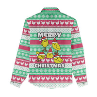 Merry Chickmas Christmas Women Casual Shirt with Yellow Cartoon Birds in Santa Hats and Red Green Snowflake Pattern - Wonder Print Shop