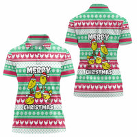Merry Chickmas Christmas Women Polo Shirt with Yellow Cartoon Birds in Santa Hats and Red Green Snowflake Pattern - Wonder Print Shop