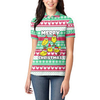 Merry Chickmas Christmas Women Polo Shirt with Yellow Cartoon Birds in Santa Hats and Red Green Snowflake Pattern - Wonder Print Shop