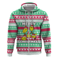 Merry Chickmas Christmas Zip Hoodie with Yellow Cartoon Birds in Santa Hats and Red Green Snowflake Pattern - Wonder Print Shop