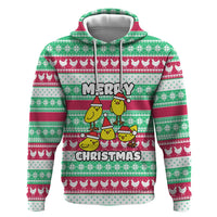 Merry Chickmas Christmas Zip Hoodie with Yellow Cartoon Birds in Santa Hats and Red Green Snowflake Pattern - Wonder Print Shop
