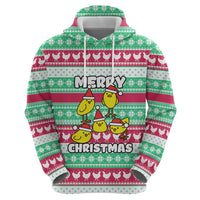 Merry Chickmas Christmas Zip Hoodie with Yellow Cartoon Birds in Santa Hats and Red Green Snowflake Pattern - Wonder Print Shop