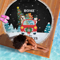 Merry Christmas Bulldog And Snowman Beach Blanket Dog Snowman Christmas Tree and Red Car Winter Scene - Wonder Print Shop