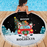 Merry Christmas Bulldog And Snowman Beach Blanket Dog Snowman Christmas Tree and Red Car Winter Scene - Wonder Print Shop