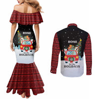 Merry Christmas Bulldog And Snowman Couples Matching Mermaid Dress and Long Sleeve Button Shirt Dog Snowman Christmas Tree and Red Car Winter Scene - Wonder Print Shop