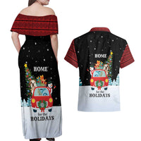 Merry Christmas Bulldog And Snowman Couples Matching Off Shoulder Maxi Dress and Hawaiian Shirt Dog Snowman Christmas Tree and Red Car Winter Scene - Wonder Print Shop