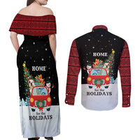 Merry Christmas Bulldog And Snowman Couples Matching Off Shoulder Maxi Dress and Long Sleeve Button Shirt Dog Snowman Christmas Tree and Red Car Winter Scene - Wonder Print Shop