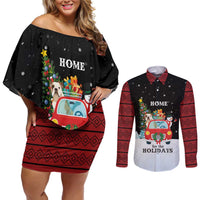 Merry Christmas Bulldog And Snowman Couples Matching Off Shoulder Short Dress and Long Sleeve Button Shirt Dog Snowman Christmas Tree and Red Car Winter Scene - Wonder Print Shop