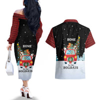 Merry Christmas Bulldog And Snowman Couples Matching Off The Shoulder Long Sleeve Dress and Hawaiian Shirt Dog Snowman Christmas Tree and Red Car Winter Scene - Wonder Print Shop