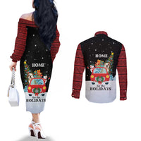 Merry Christmas Bulldog And Snowman Couples Matching Off The Shoulder Long Sleeve Dress and Long Sleeve Button Shirt Dog Snowman Christmas Tree and Red Car Winter Scene - Wonder Print Shop