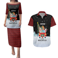 Merry Christmas Bulldog And Snowman Couples Matching Puletasi and Hawaiian Shirt Dog Snowman Christmas Tree and Red Car Winter Scene - Wonder Print Shop