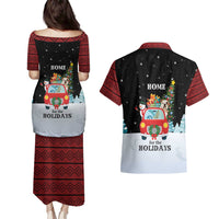 Merry Christmas Bulldog And Snowman Couples Matching Puletasi and Hawaiian Shirt Dog Snowman Christmas Tree and Red Car Winter Scene - Wonder Print Shop