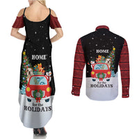 Merry Christmas Bulldog And Snowman Couples Matching Summer Maxi Dress and Long Sleeve Button Shirt Dog Snowman Christmas Tree and Red Car Winter Scene - Wonder Print Shop