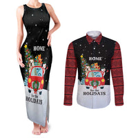 Merry Christmas Bulldog And Snowman Couples Matching Tank Maxi Dress and Long Sleeve Button Shirt Dog Snowman Christmas Tree and Red Car Winter Scene - Wonder Print Shop