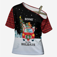 Merry Christmas Bulldog And Snowman Cross Shoulder Shirt Dog Snowman Christmas Tree and Red Car Winter Scene - Wonder Print Shop