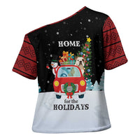 Merry Christmas Bulldog And Snowman Cross Shoulder Shirt Dog Snowman Christmas Tree and Red Car Winter Scene - Wonder Print Shop