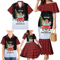 Merry Christmas Bulldog And Snowman Family Matching Mermaid Dress and Hawaiian Shirt Dog Snowman Christmas Tree and Red Car Winter Scene - Wonder Print Shop