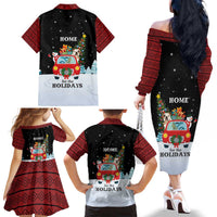 Merry Christmas Bulldog And Snowman Family Matching Off The Shoulder Long Sleeve Dress and Hawaiian Shirt Dog Snowman Christmas Tree and Red Car Winter Scene - Wonder Print Shop