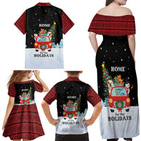 Merry Christmas Bulldog And Snowman Family Matching Off Shoulder Maxi Dress and Hawaiian Shirt Dog Snowman Christmas Tree and Red Car Winter Scene - Wonder Print Shop