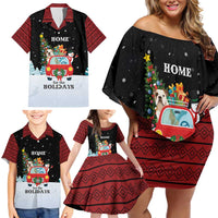 Merry Christmas Bulldog And Snowman Family Matching Off Shoulder Short Dress and Hawaiian Shirt Dog Snowman Christmas Tree and Red Car Winter Scene - Wonder Print Shop