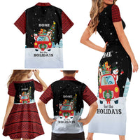 Merry Christmas Bulldog And Snowman Family Matching Short Sleeve Bodycon Dress and Hawaiian Shirt Dog Snowman Christmas Tree and Red Car Winter Scene - Wonder Print Shop