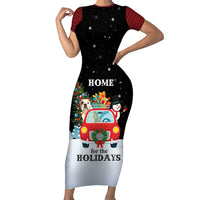 Merry Christmas Bulldog And Snowman Family Matching Short Sleeve Bodycon Dress and Hawaiian Shirt Dog Snowman Christmas Tree and Red Car Winter Scene - Wonder Print Shop