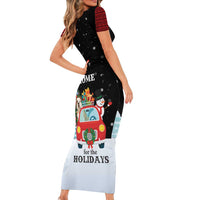 Merry Christmas Bulldog And Snowman Family Matching Short Sleeve Bodycon Dress and Hawaiian Shirt Dog Snowman Christmas Tree and Red Car Winter Scene - Wonder Print Shop