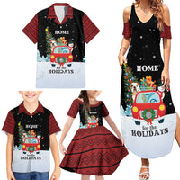 Merry Christmas Bulldog And Snowman Family Matching Summer Maxi Dress and Hawaiian Shirt Dog Snowman Christmas Tree and Red Car Winter Scene - Wonder Print Shop