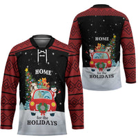 Merry Christmas Bulldog And Snowman Hockey Jersey Dog Snowman Christmas Tree and Red Car Winter Scene - Wonder Print Shop
