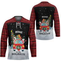 Merry Christmas Bulldog And Snowman Hockey Jersey Dog Snowman Christmas Tree and Red Car Winter Scene - Wonder Print Shop
