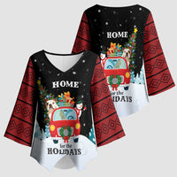 Merry Christmas Bulldog And Snowman Kimono Sleeve Blouse Dog Snowman Christmas Tree and Red Car Winter Scene - Wonder Print Shop