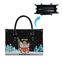Merry Christmas Bulldog And Snowman Leather Bag Dog Snowman Christmas Tree and Red Car Winter Scene - Wonder Print Shop