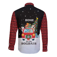 Merry Christmas Bulldog And Snowman Long Sleeve Button Shirt Dog Snowman Christmas Tree and Red Car Winter Scene - Wonder Print Shop