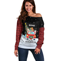 Merry Christmas Bulldog And Snowman Off Shoulder Sweater Dog Snowman Christmas Tree and Red Car Winter Scene - Wonder Print Shop