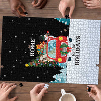 Merry Christmas Bulldog And Snowman Puzzle Dog Snowman Christmas Tree and Red Car Winter Scene - Wonder Print Shop